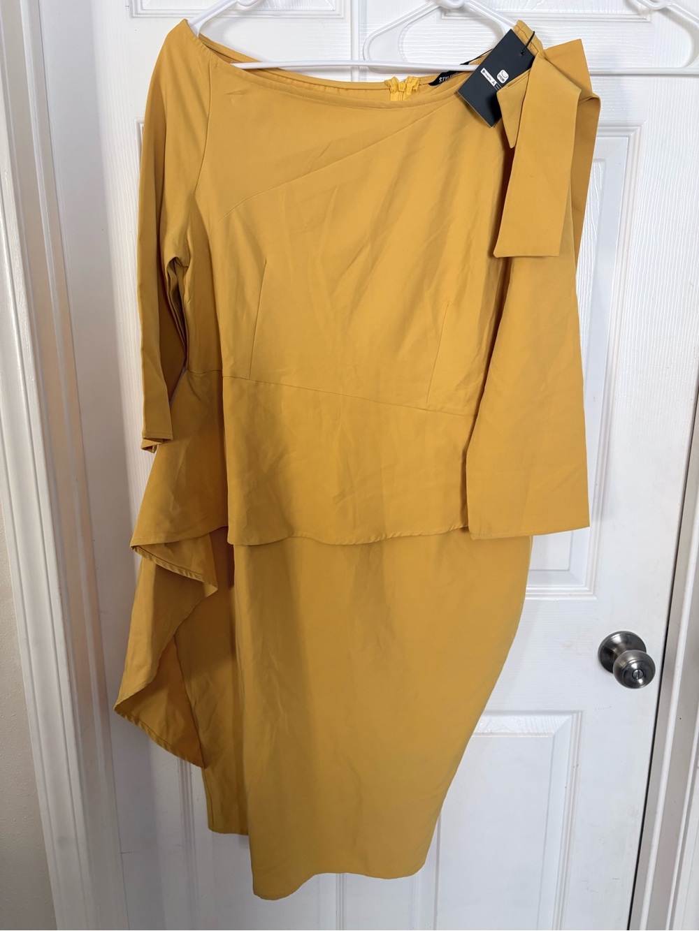 STYLEWE Mustard Yellow Asymmetrical One-Shoulder Dress with Bow